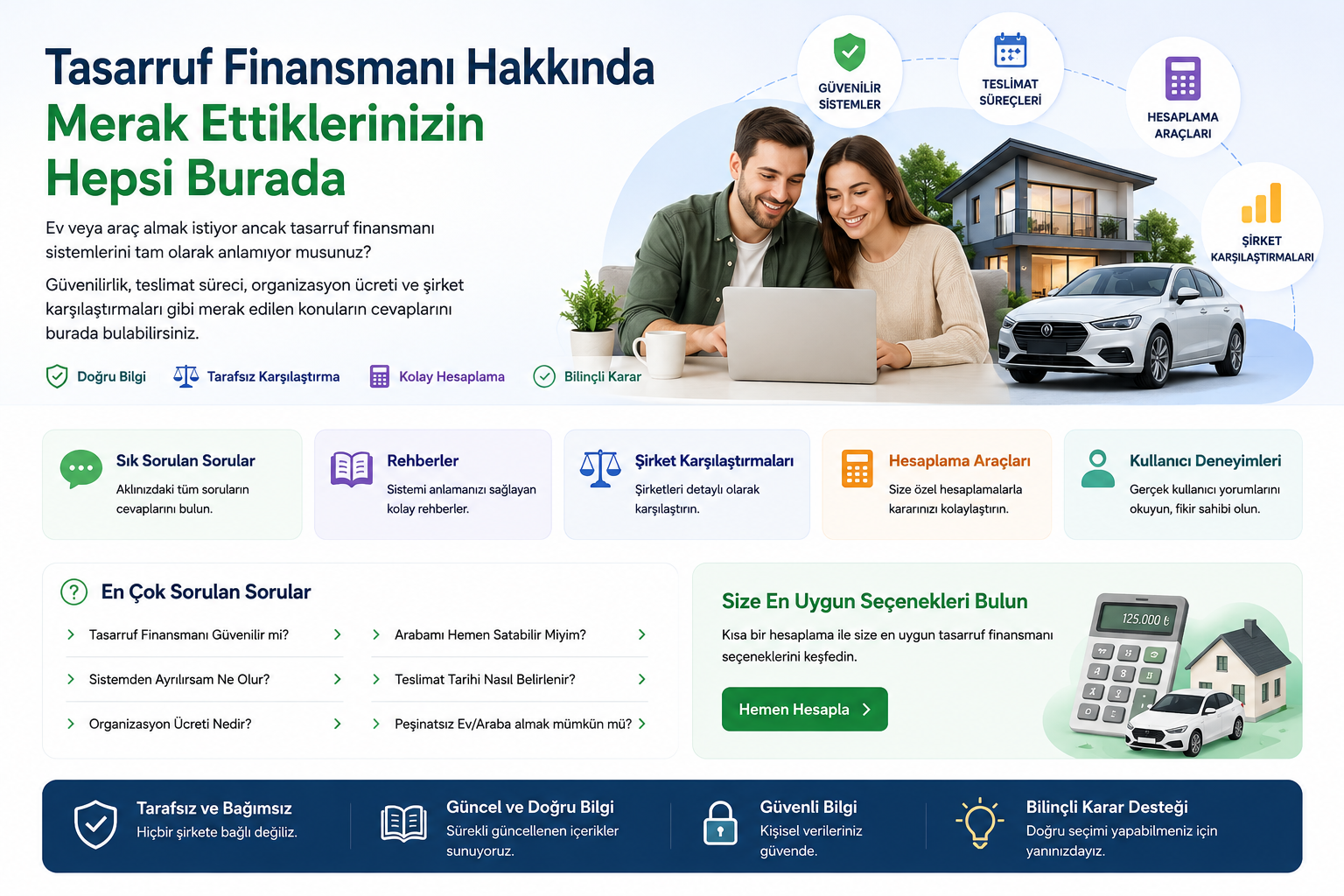 Tasarruf finansmanı sistemleri hakkında merak edilen tüm soruların cevapları. Güvenilirlik, teslimat süreci, organizasyon ücreti, şirket karşılaştırmaları ve hesaplama araçları EvimAracim'da.