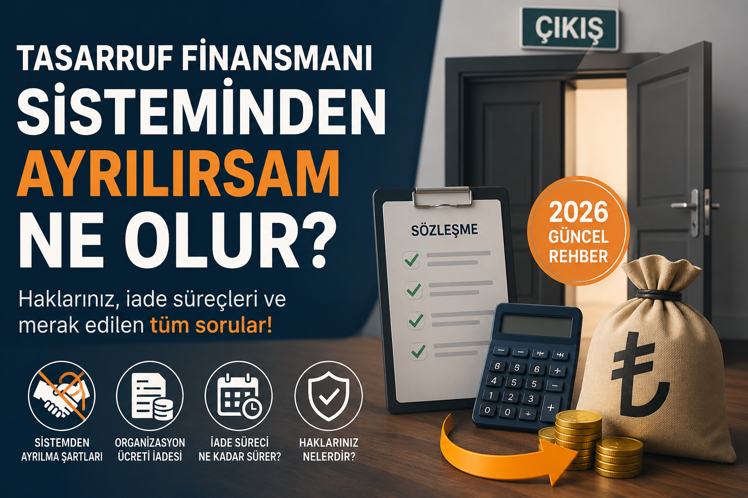Tasarruf finansmanı sisteminden ayrılırsam ne olur? Organizasyon ücreti iadesi, ayrılma şartları ve haklar hakkında 2026 rehber görseli.